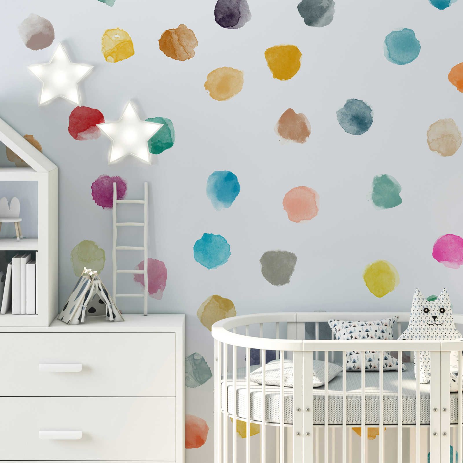         Nursery mural with colourful dots - Smooth & slightly shiny non-woven
    