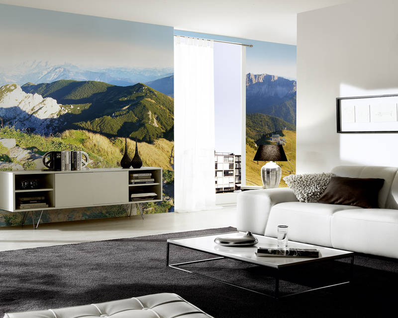             Sommets de montagne - Papier peint panoramique avec panorama de montagne & couverture en laine
        