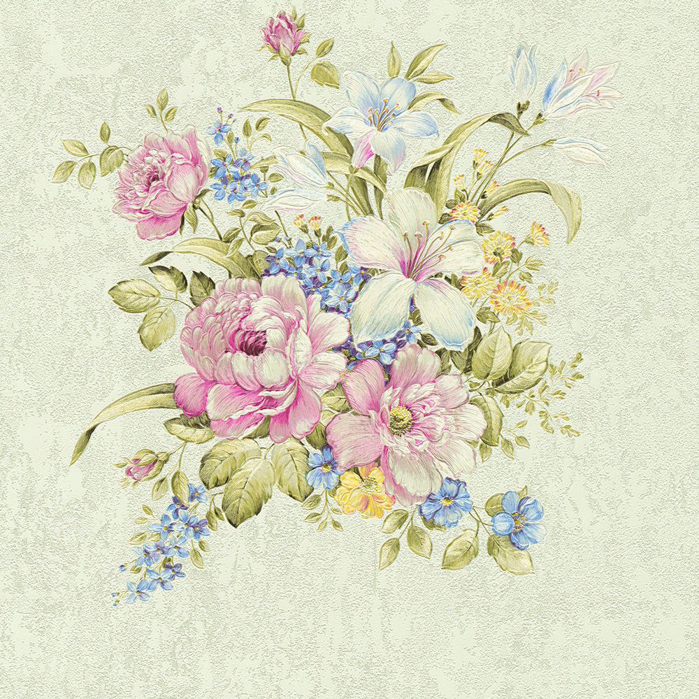             Papel pintado floral con adornos, con textura - verde, rosa
        