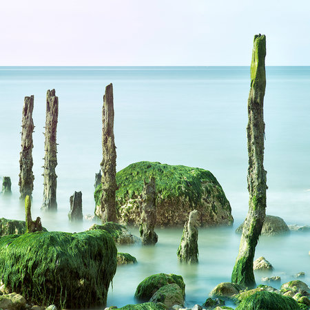 Zee muurschildering golfbreker groene rots & kalme zee

