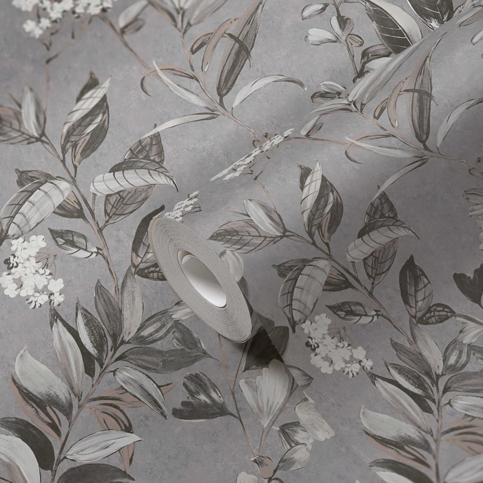             Papel pintado no tejido con motivos florales - gris, blanco, negro
        