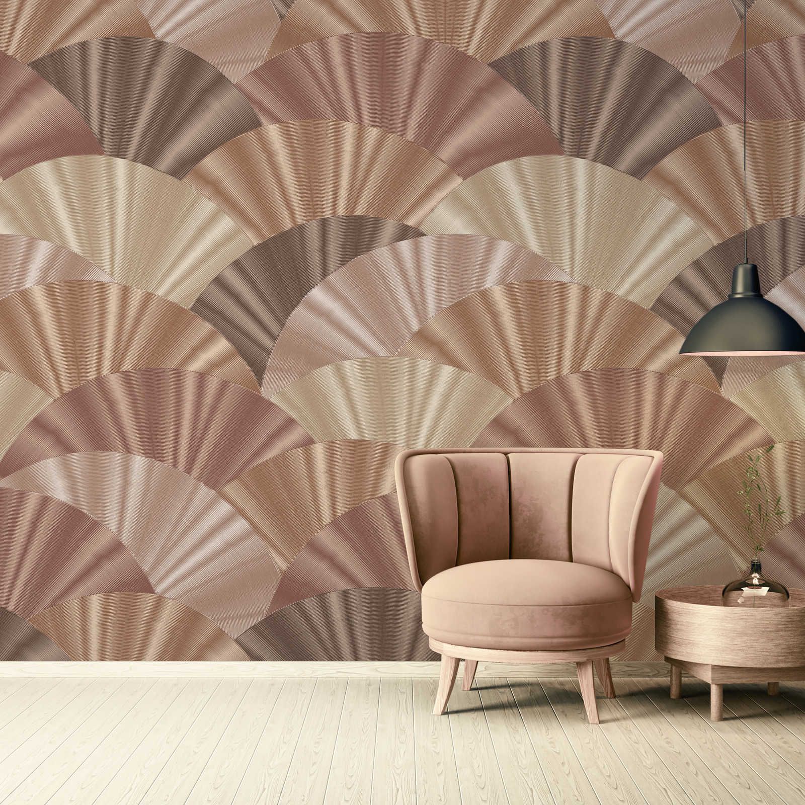 Non-woven wallpaper with fan pattern in soft shades - pink, cream, beige
