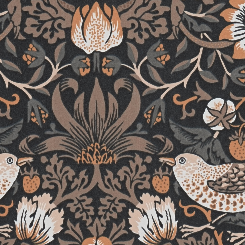             Floral wallpaper with birds in bright colours - orange, black, white
        