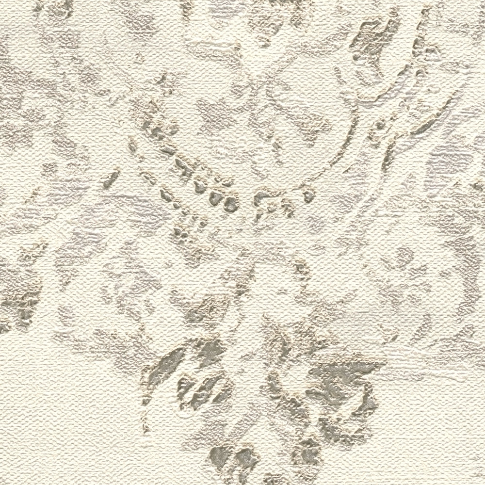             Papel pintado ornamental con estructura de lino en aspecto vintage - metálico, crema, beige
        