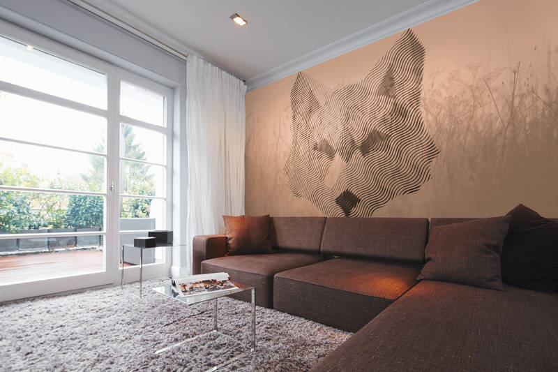             Photo wallpaper fox, graphic pattern & forest landscape - brown, beige, black
        