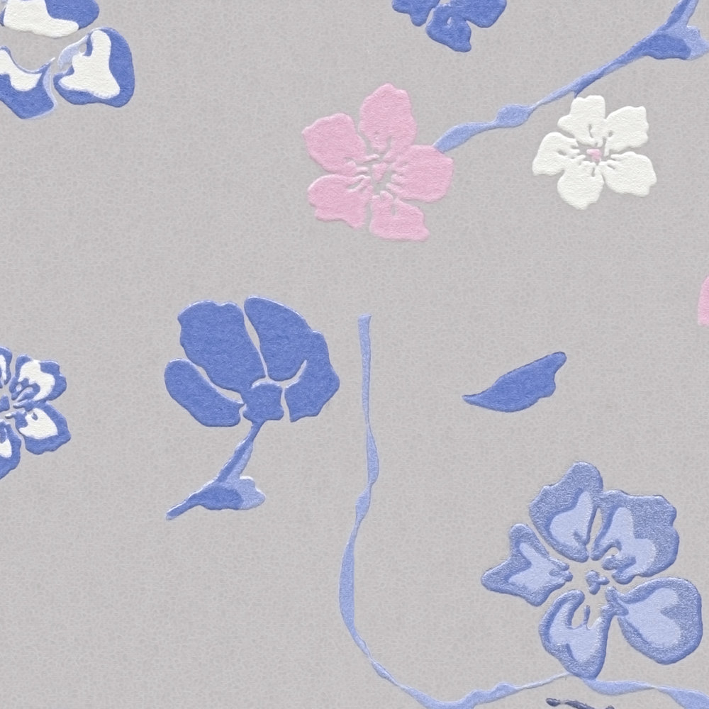             Carta da parati a motivi floreali con effetto lucido - grigio, blu, rosa
        
