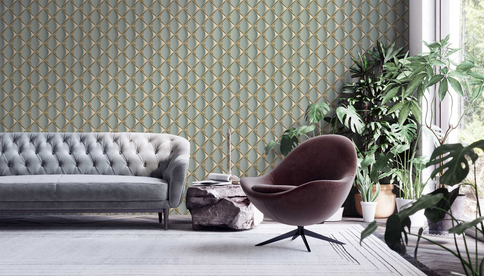             Wallpaper 3D design with metallic facets pattern - green, metallic
        