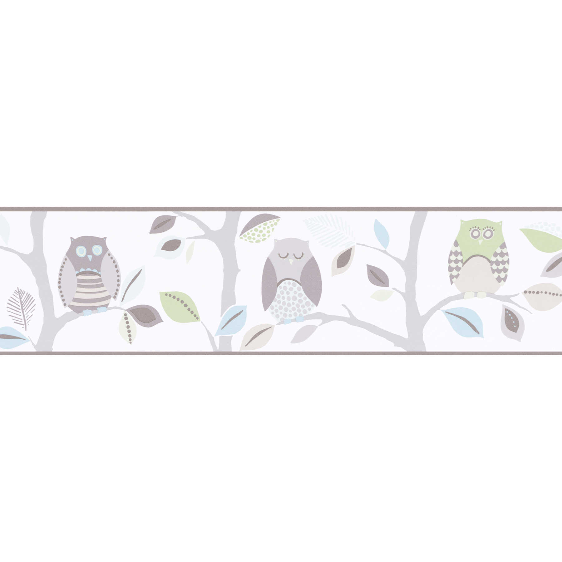 Cenefa de papel pintado de búhos para habitación infantil - beige, gris, verde
