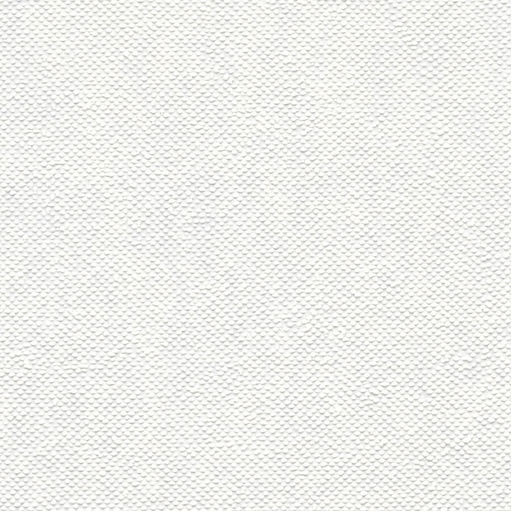             Papel pintado blanco con estructura textil, liso y mate
        