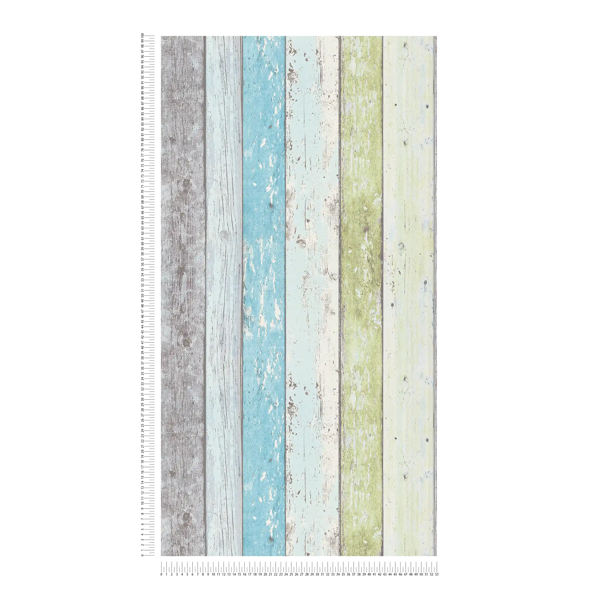             Wood wallpaper with used look for vintage & country style - blue, green, white
        