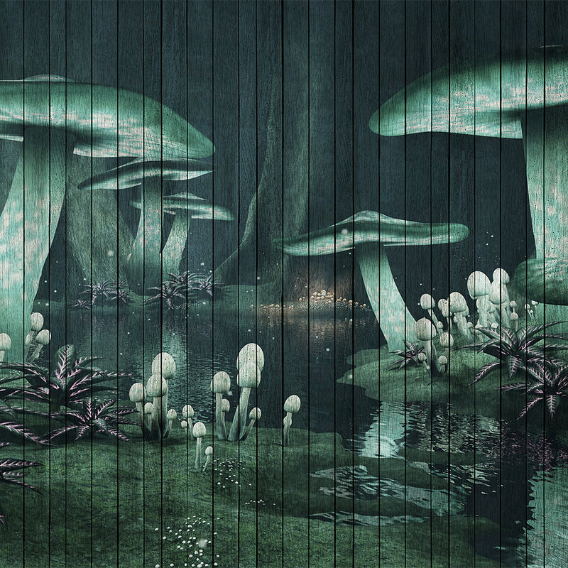 Fantasy 1 - wallpaper enchanted forest with wood look - green | mother-of-pearl smooth fleece
