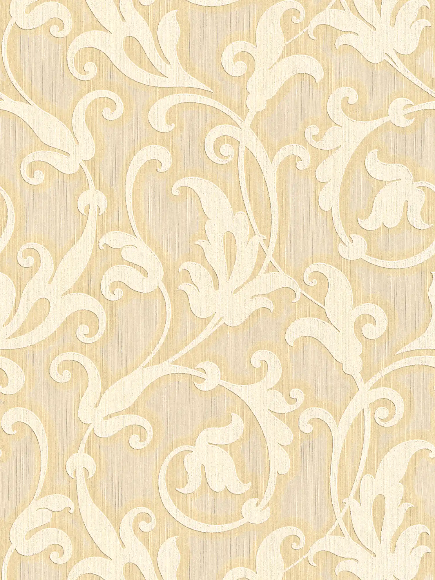 Baroque wallpaper with textile structure & embossed pattern - yellow, gold
