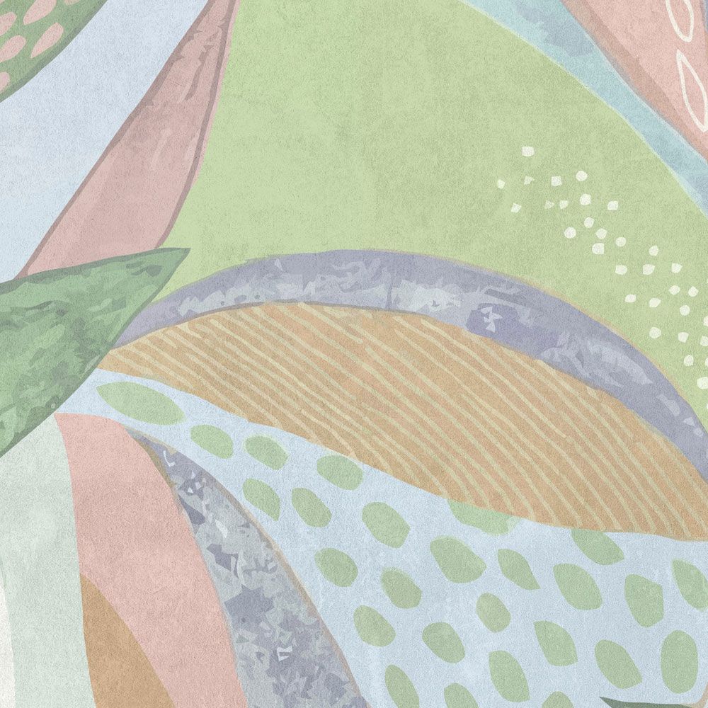             Fotomural »emilia« - Coloreado estampado de hojas en tonos pastel delante de una estructura de yeso de hormigón - verde, azul, rosa | Tela no tejida de alta calidad, lisa y ligeramente brillante
        