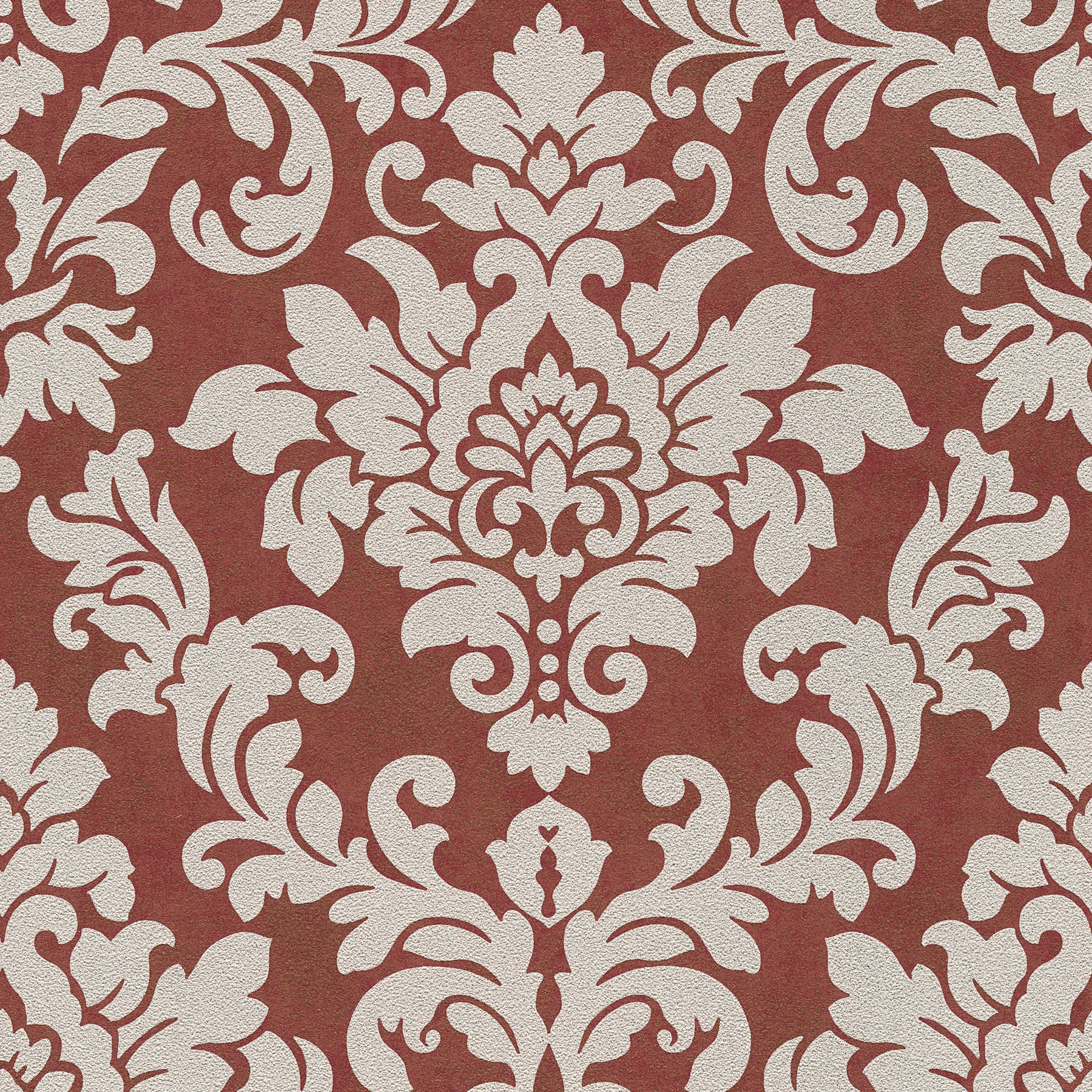 Floral ornamental wallpaper with metallic effect - red, gold, beige
