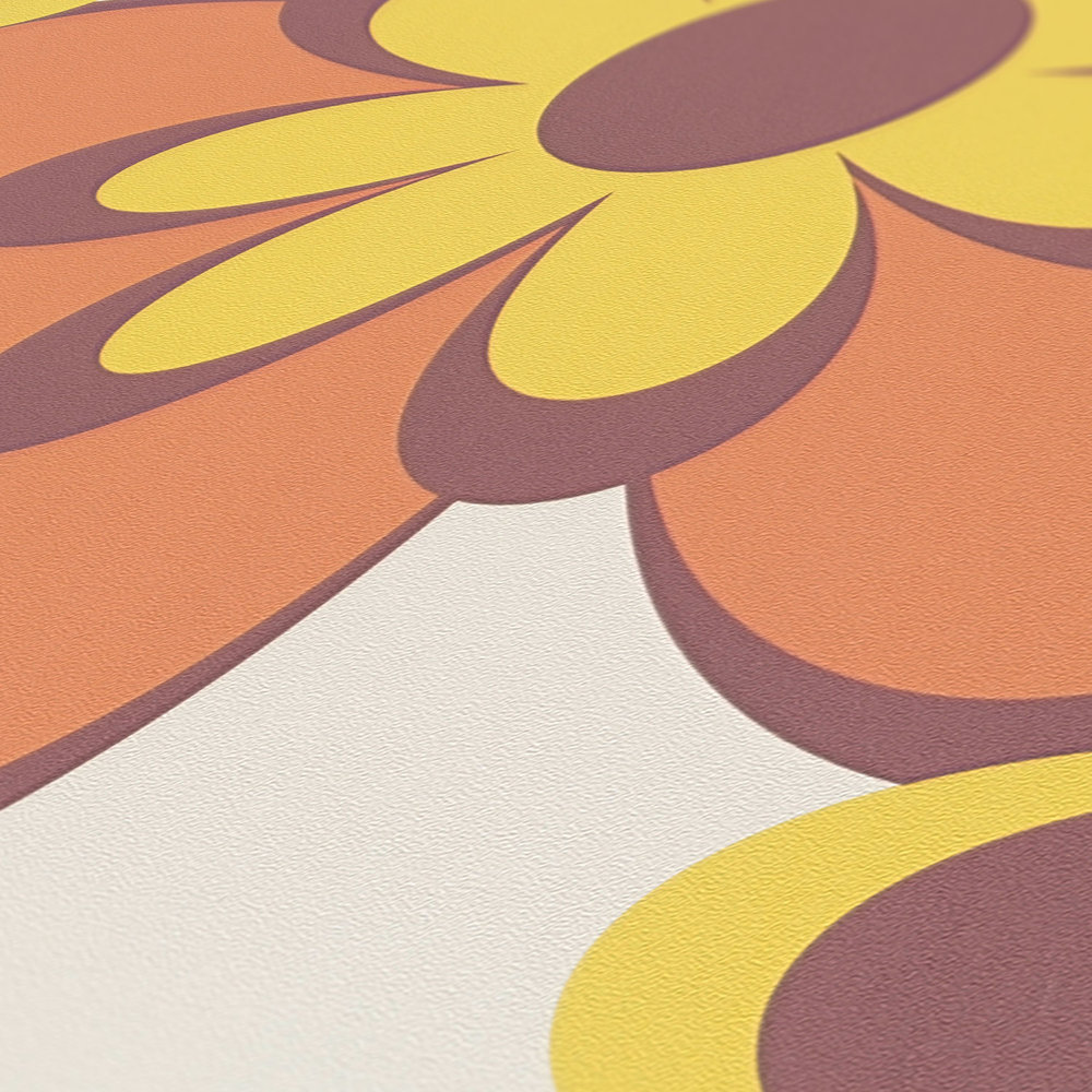             Papier peint rétro 70's motif fleurs - orange, jaune, marron
        