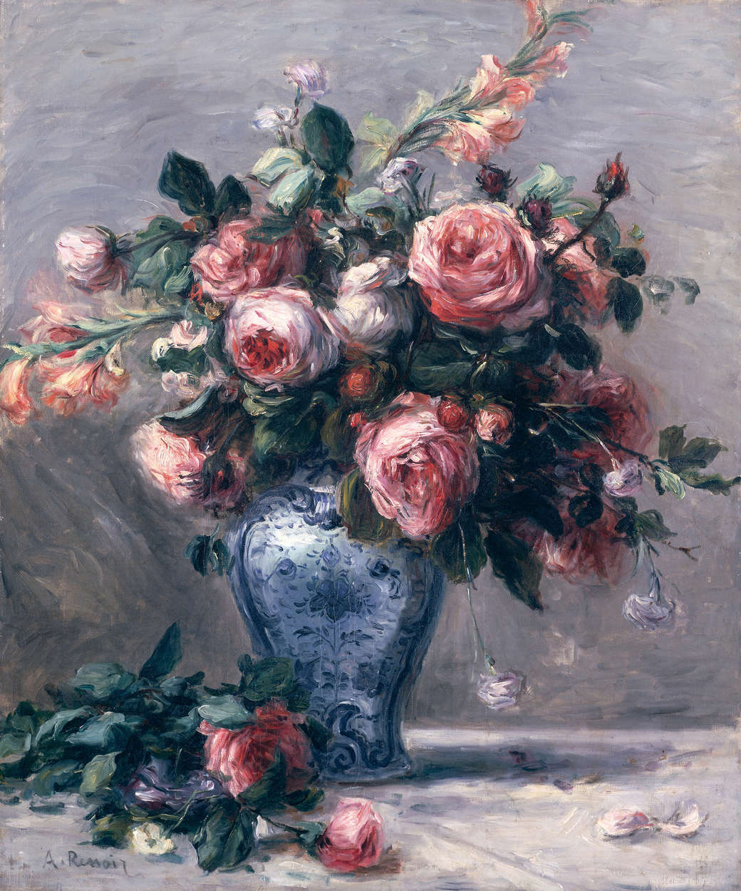             Roos in een vaas" muurschildering van Pierre Auguste Renoir
        