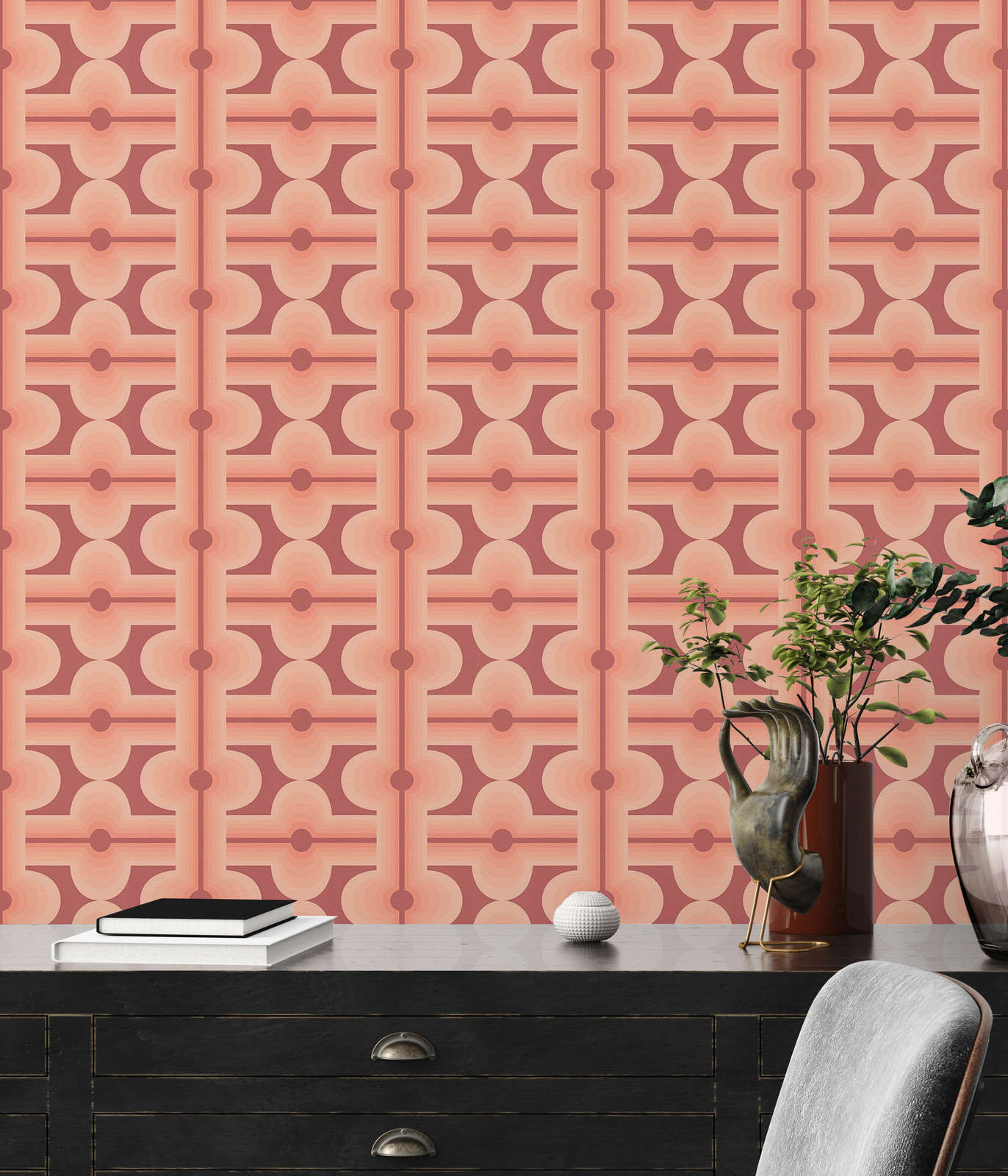             Abstract patterned non-woven wallpaper in retro style - red, orange
        