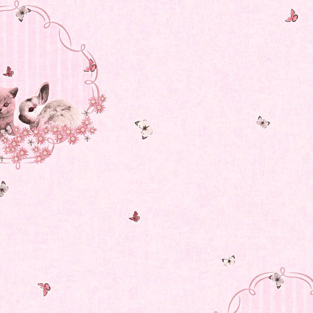             Meisjes katten, konijnen en vlinders Behang - Roze
        