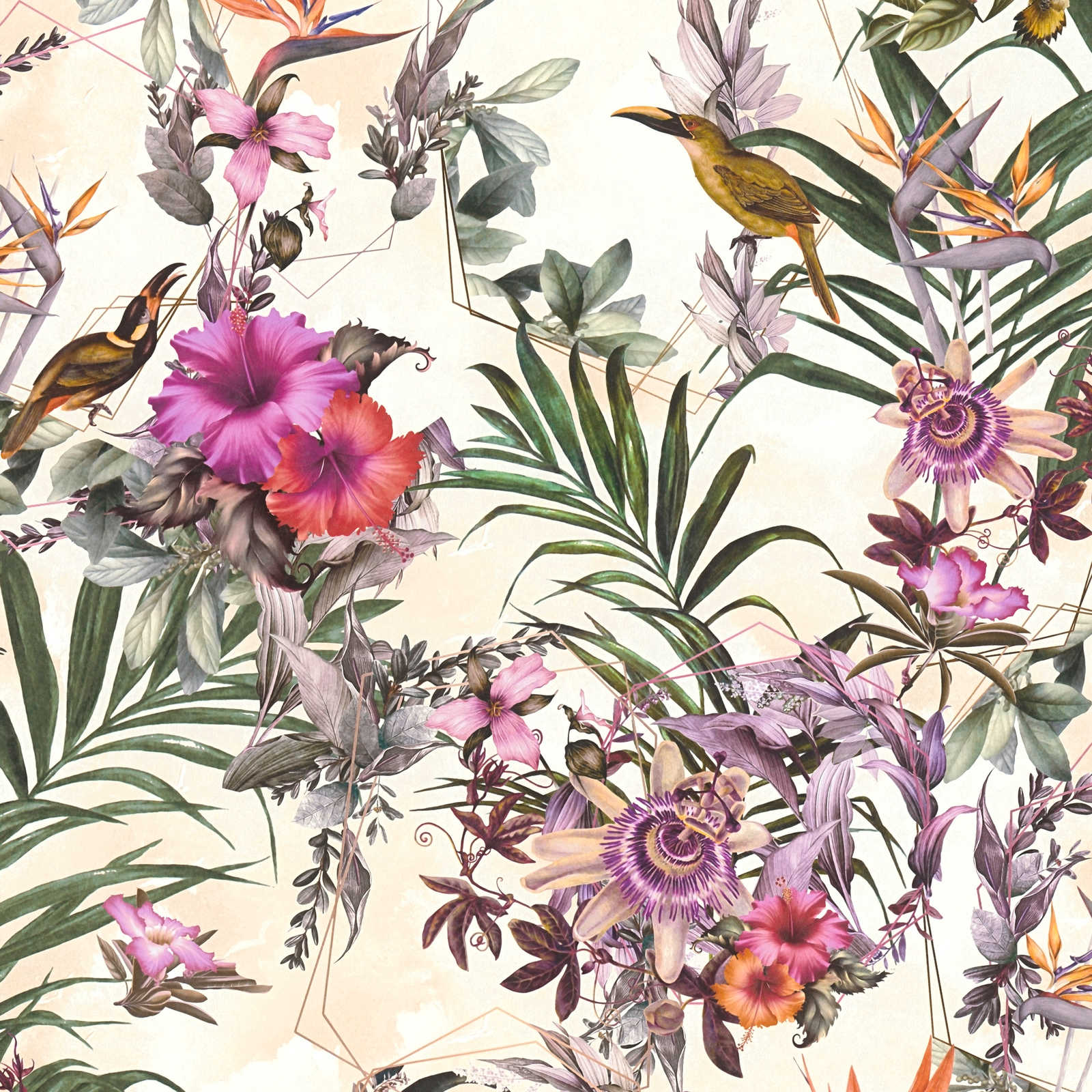 Papel pintado con diseño de flores y pájaros de estilo artístico - beige, verde, rosa
