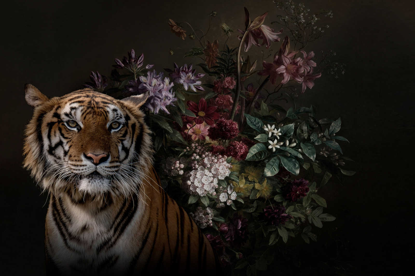             Cuadro en lienzo Retrato de tigre con flores - 0,90 m x 0,60 m
        