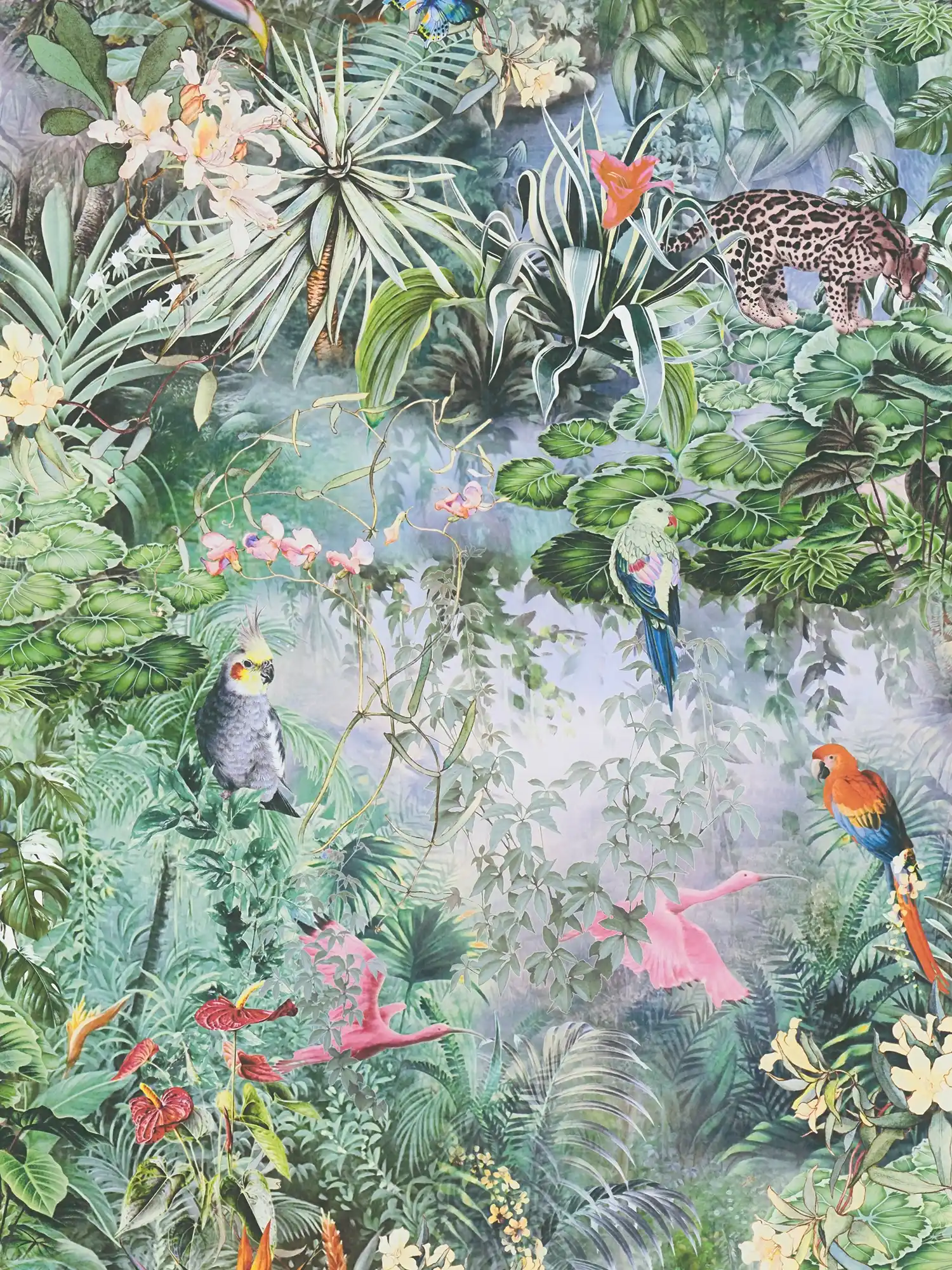         Papel pintado floral animales y plantas de la selva - verde, gris
    