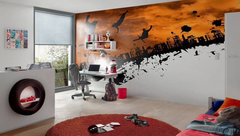             Grafitti photo wallpaper freestyle skier with skyline on mother of pearl smooth vinyl
        