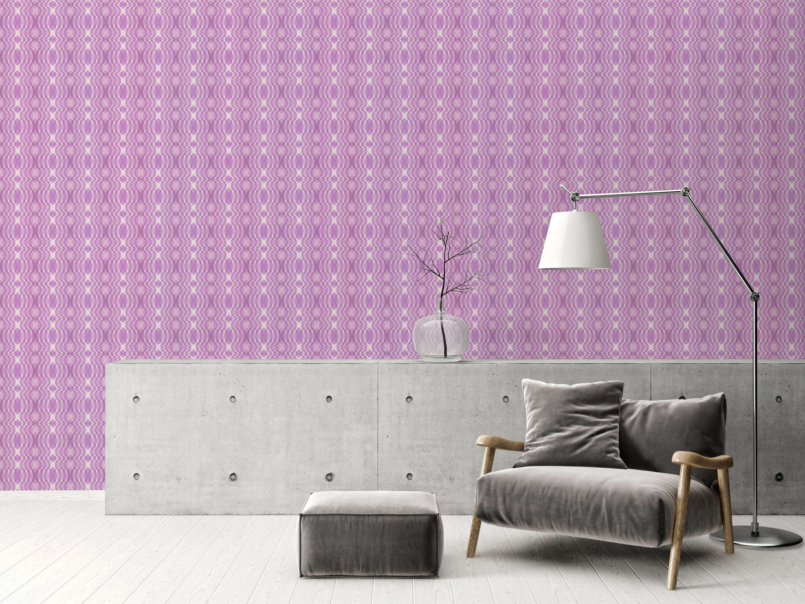             Vliesbehang met geometrisch patroon in retrostijl - paars, crème, wit
        