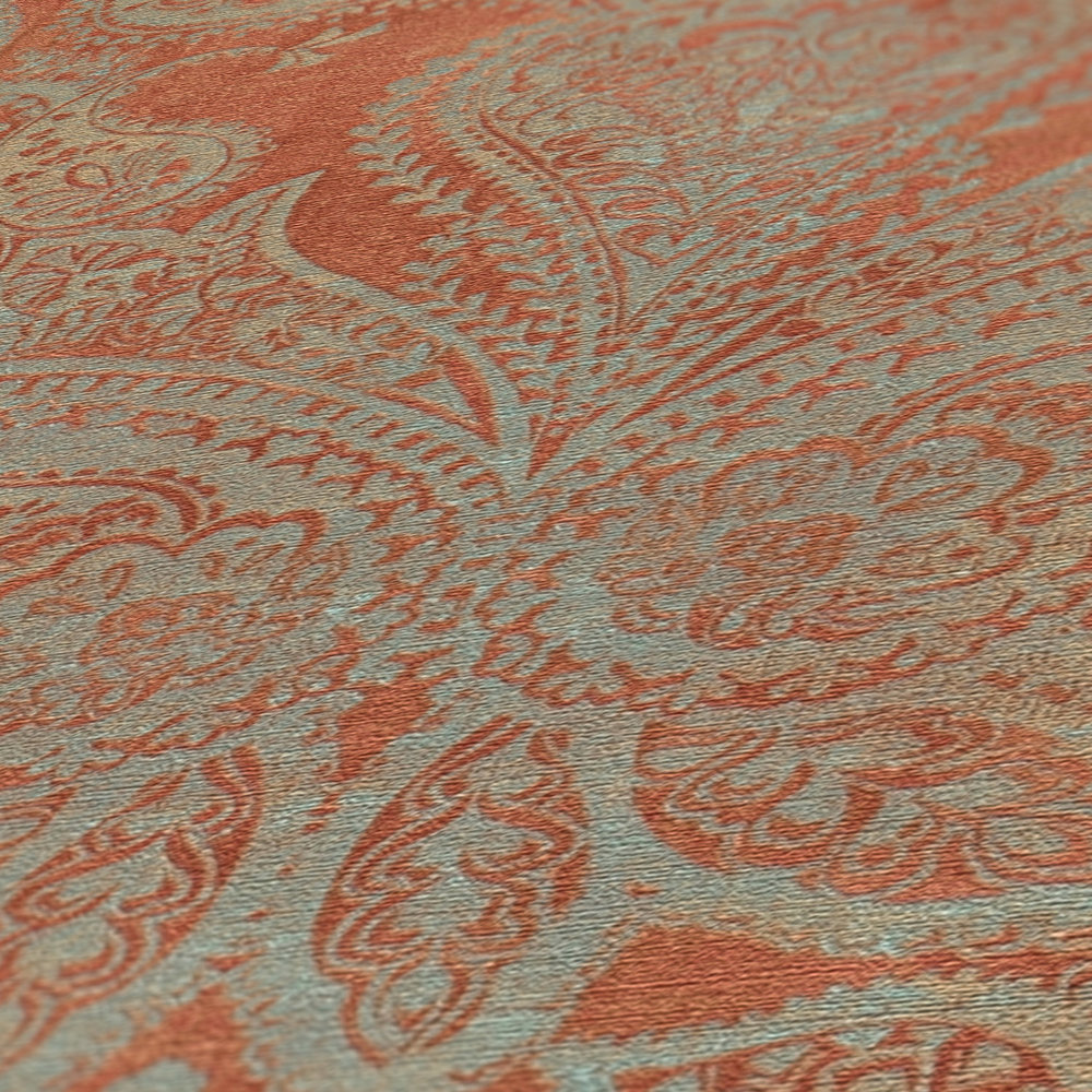             Non-woven wallpaper in baroque style with ornaments - orange, turquoise, grey
        