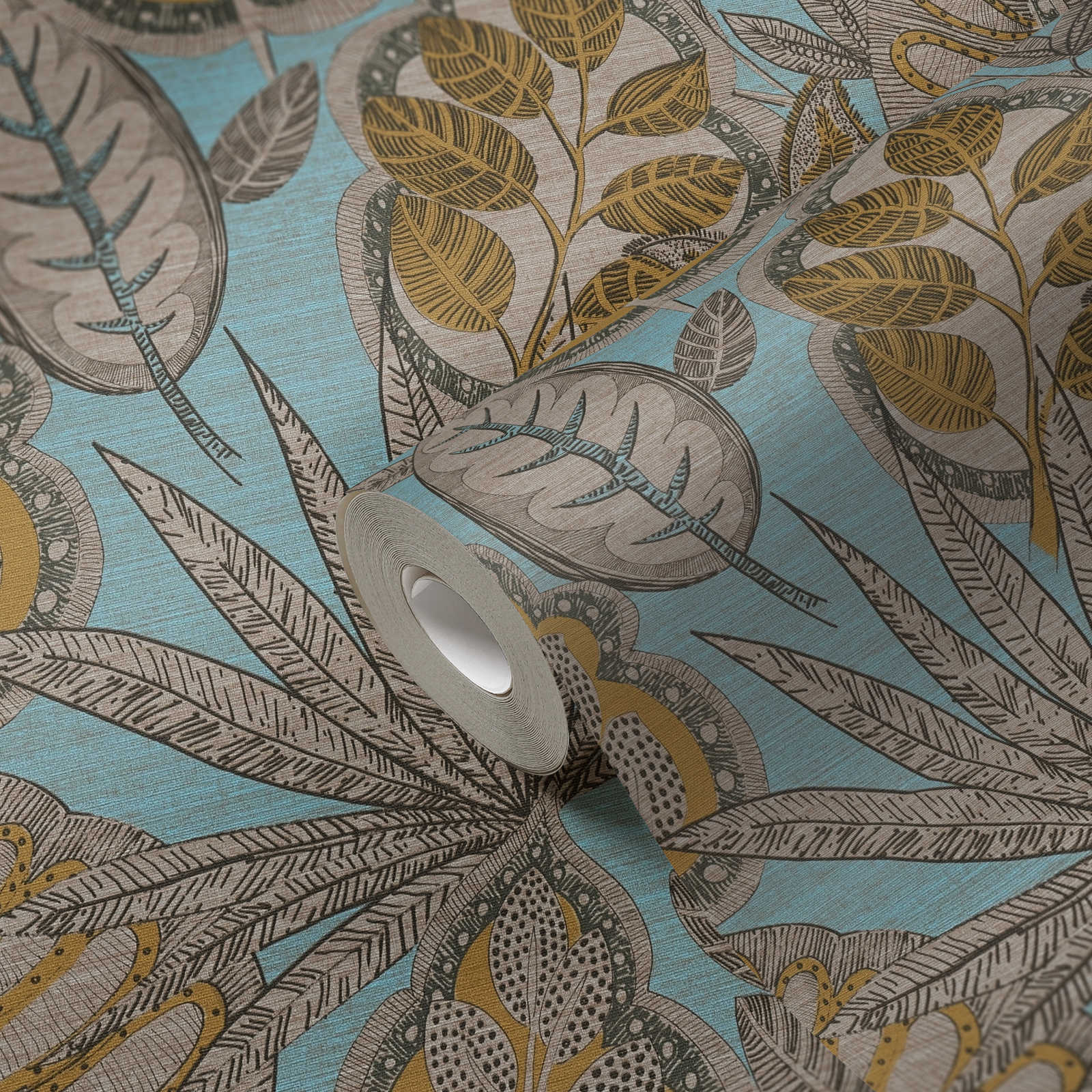             Floral non-woven wallpaper in graphic style with light structure, matt - light blue, yellow, brown
        