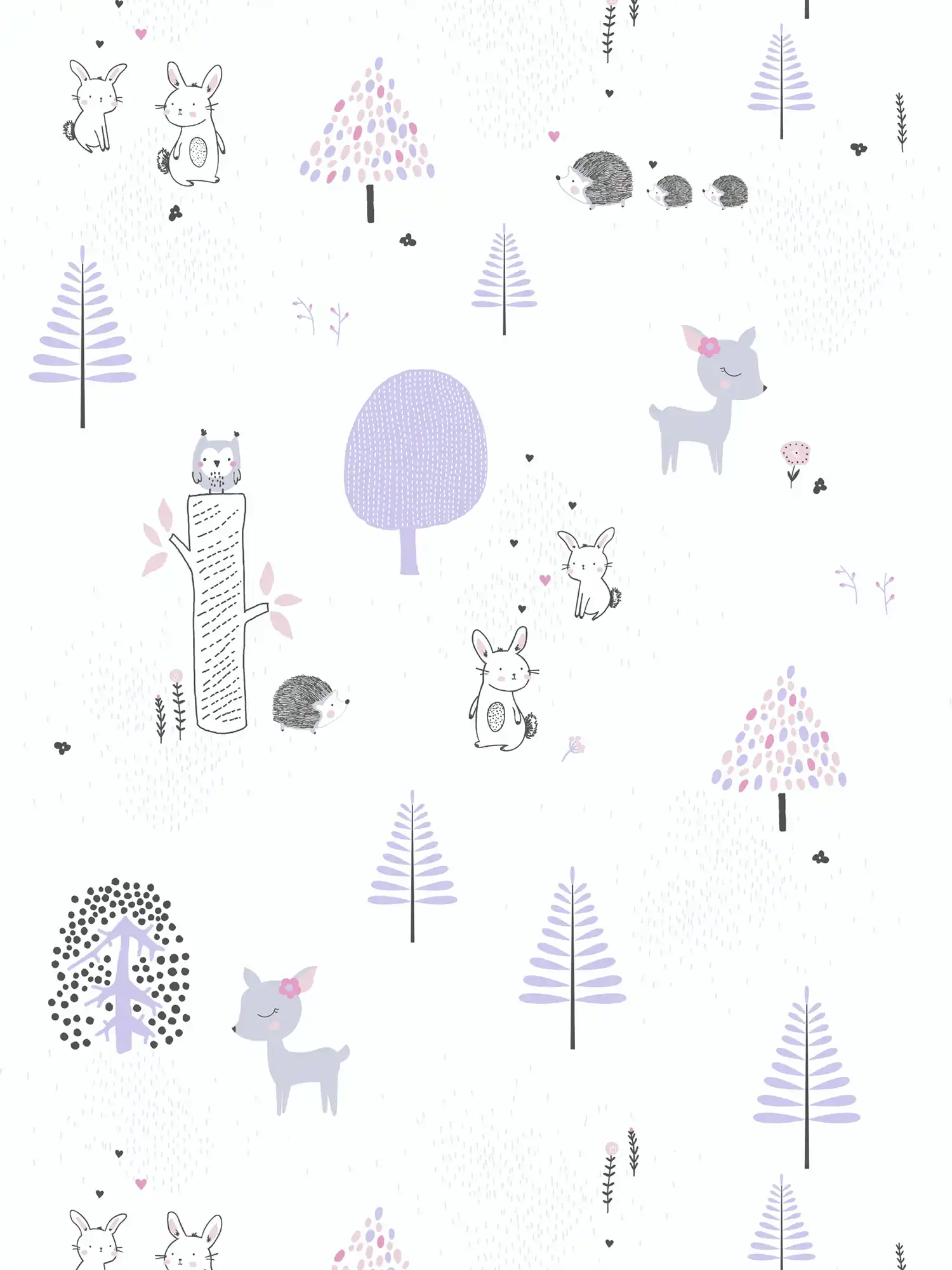 Papier peint chambre enfants forêt animaux - violet, blanc, gris
