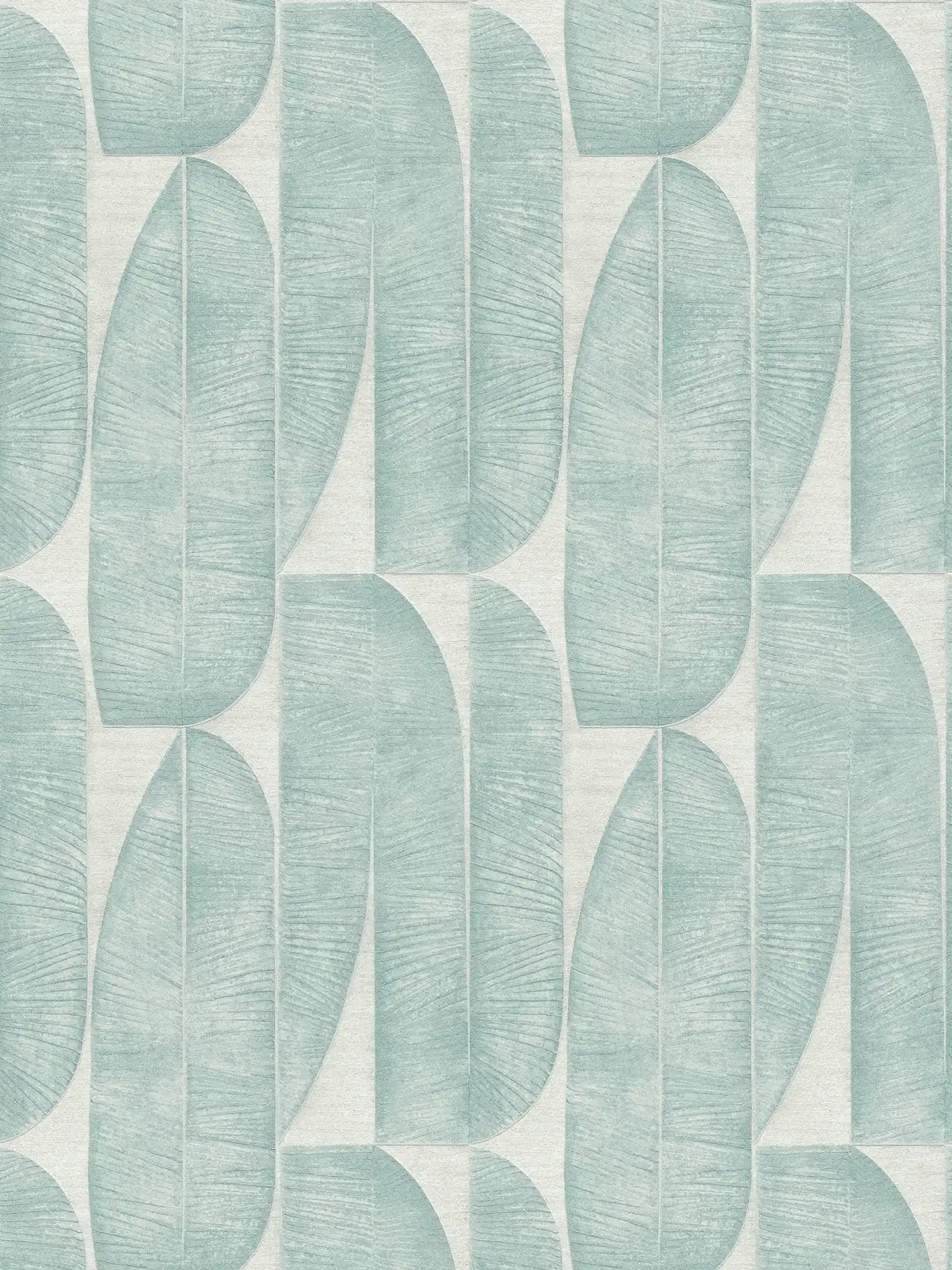 Papel pintado ligeramente texturizado con motivos geométricos de hojas - gris, azul, turquesa
