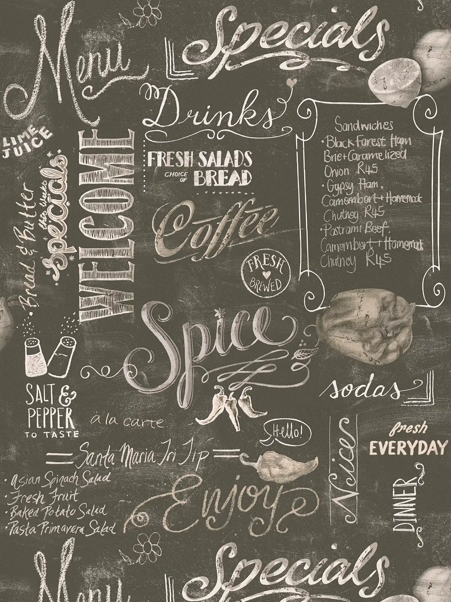 Papier peint adhésif | Tableau de menu pour la cuisine - noir, gris, blanc
