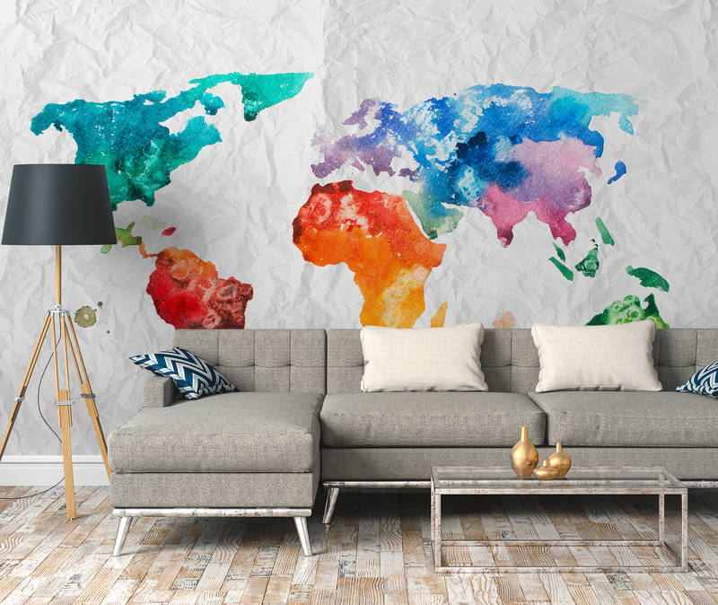             Wereldkaart Behang Aquarel - Kleurrijk, Wit
        