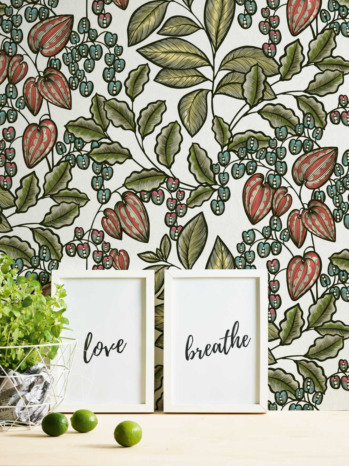             Papier peint floral Nature Design Scandinavian Print - multicolore, vert, blanc
        