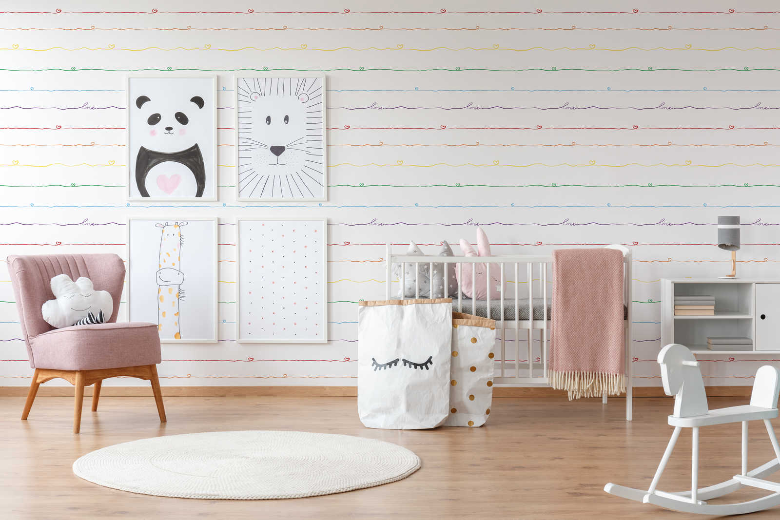             Striped nursery wallpaper with heart - colourful, white, red
        