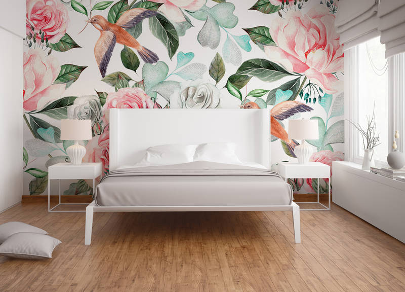             Vintage wall mural with flowers & birds - colourful, pink, green
        