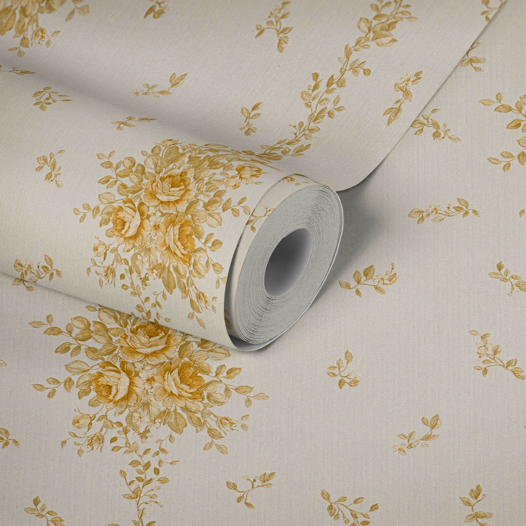             Floral wallpaper floral pattern in metallic gold - cream
        