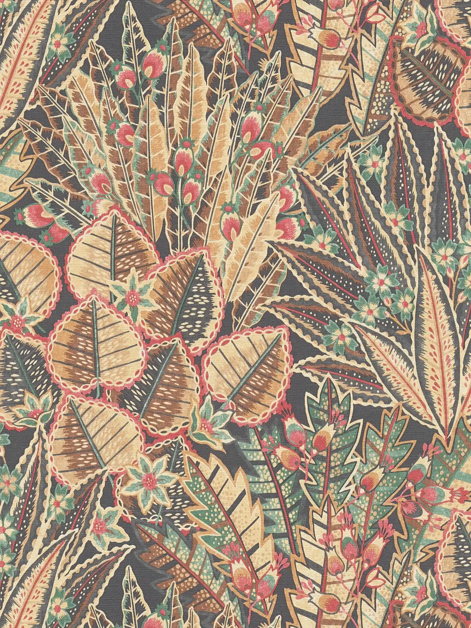 Papel pintado tejido-no tejido floral con motivo abstracto de hojas con toques rojos - marrón, rojo, negro
