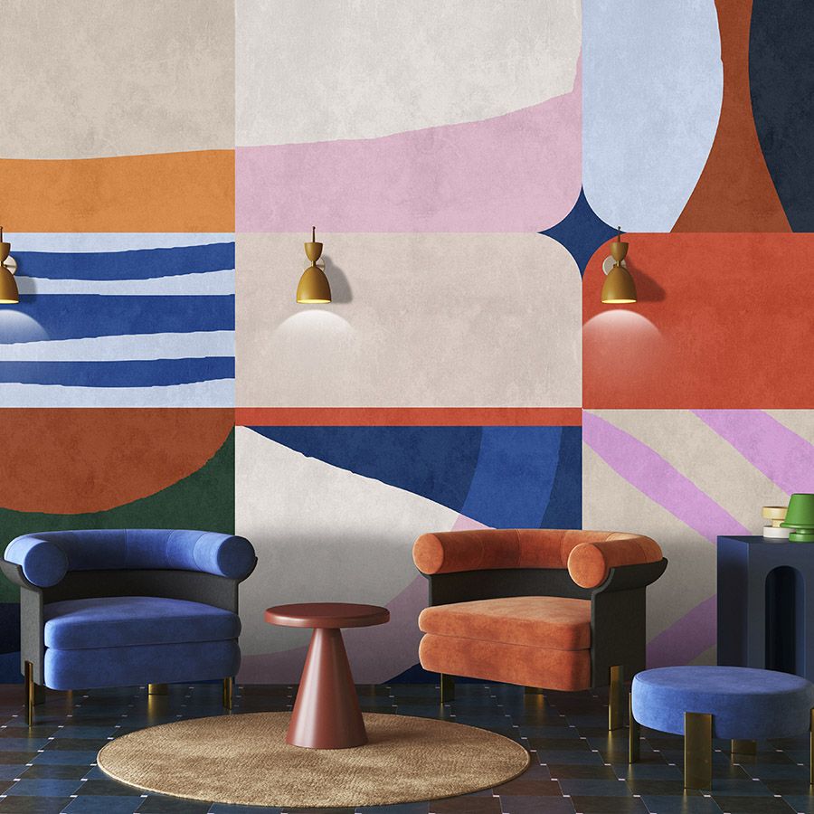 papier peint en papier panoramique »mañana« - design patchwork coloré avec structure d'enduit béton - intissé mat et lisse
