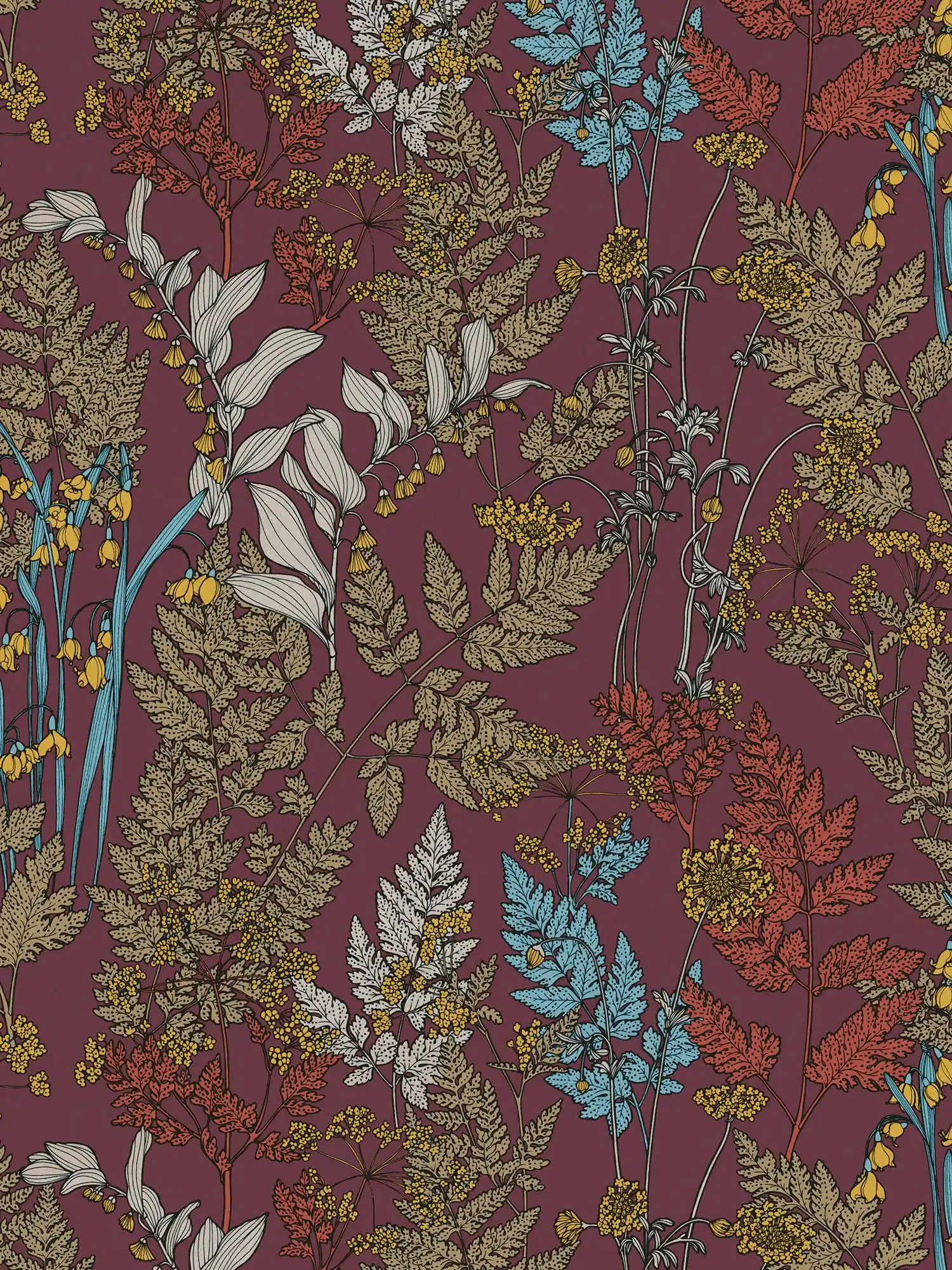 Purple wallpaper with colourful leaves & flowers design - red, yellow, blue
