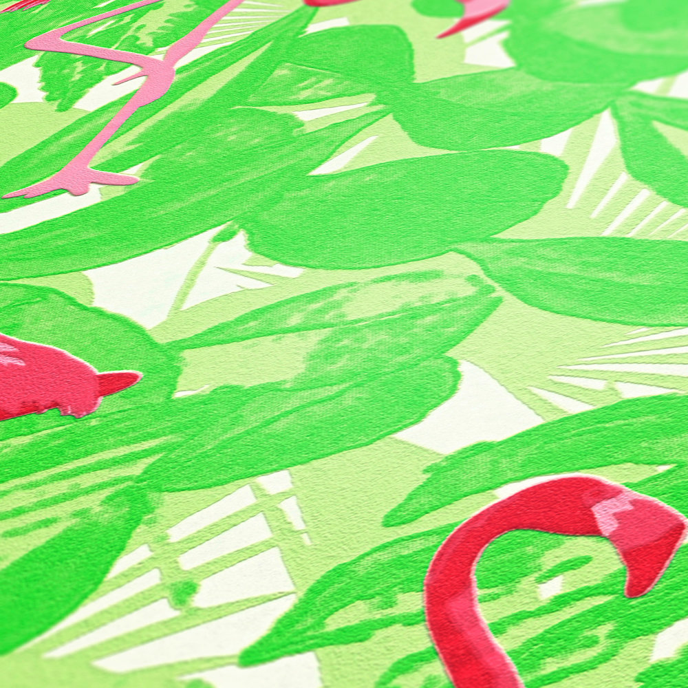             Carta da parati tropicale con fenicotteri e foglie - rosa, verde
        