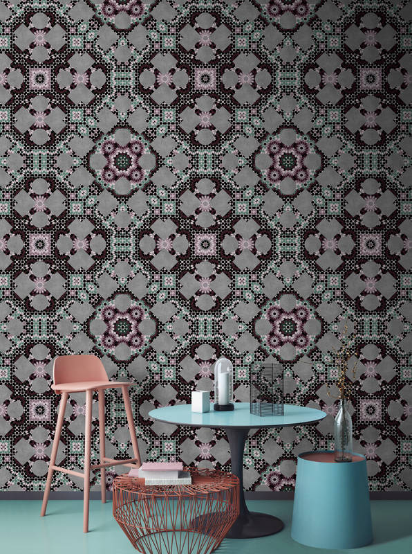             Grey photo wallpaper with kaleidoscope pattern - grey, black
        