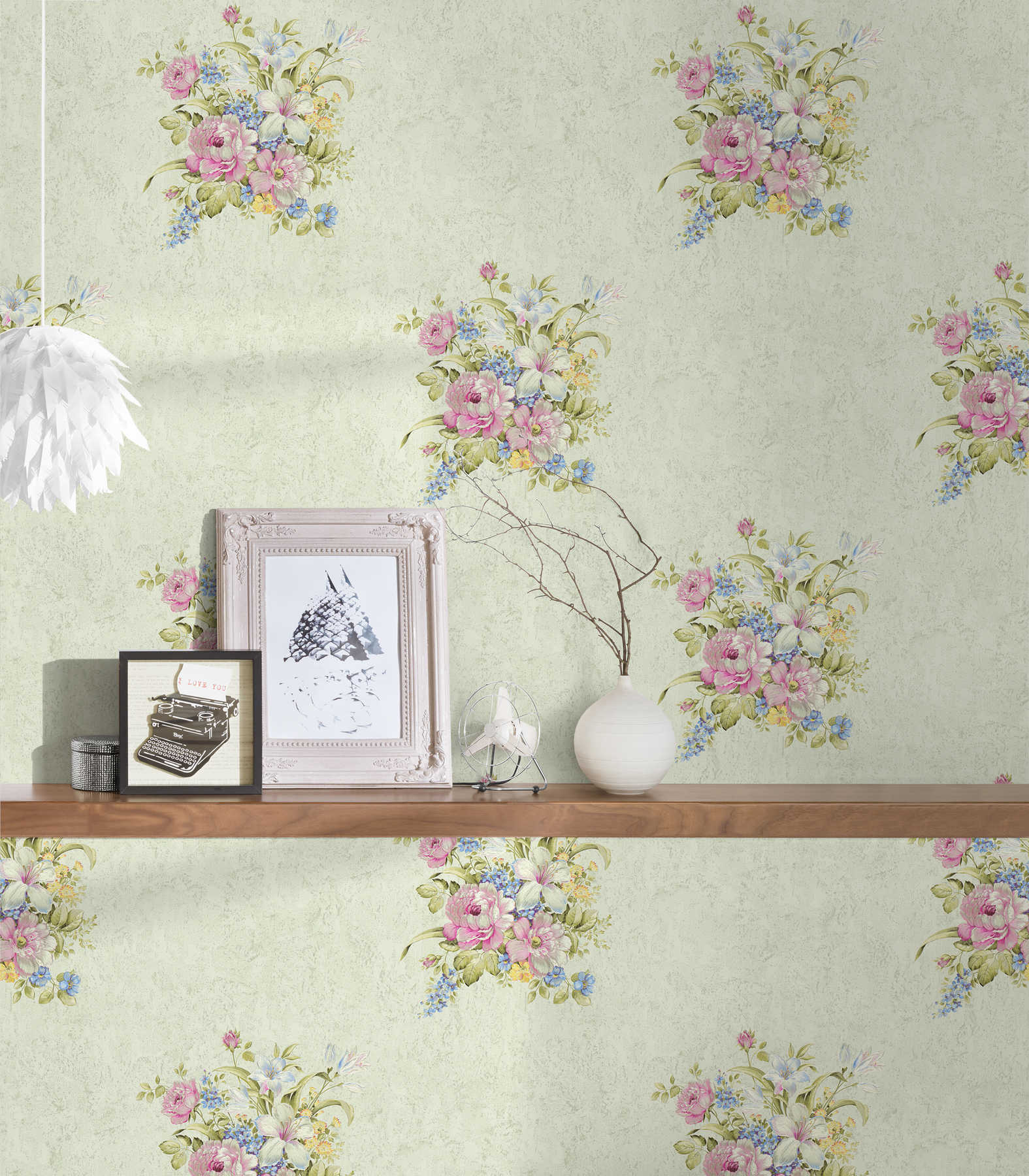             Flowers wallpaper with ornaments, textured - green, pink
        