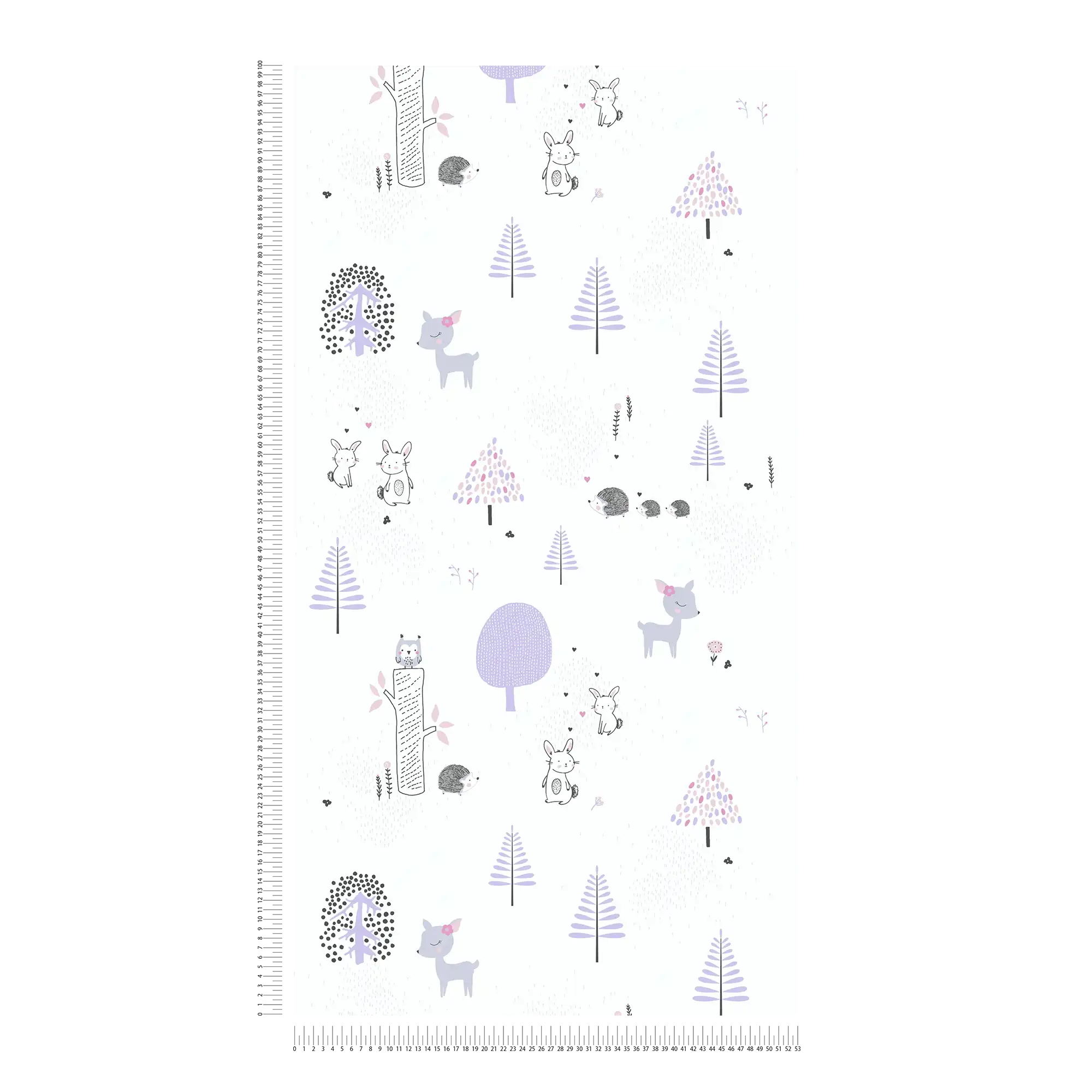             Papier peint chambre enfants forêt animaux - violet, blanc, gris
        