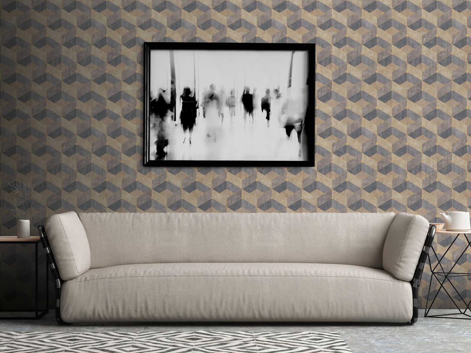             Graphic wallpaper with retro pattern & gold nude - brown, yellow, black
        
