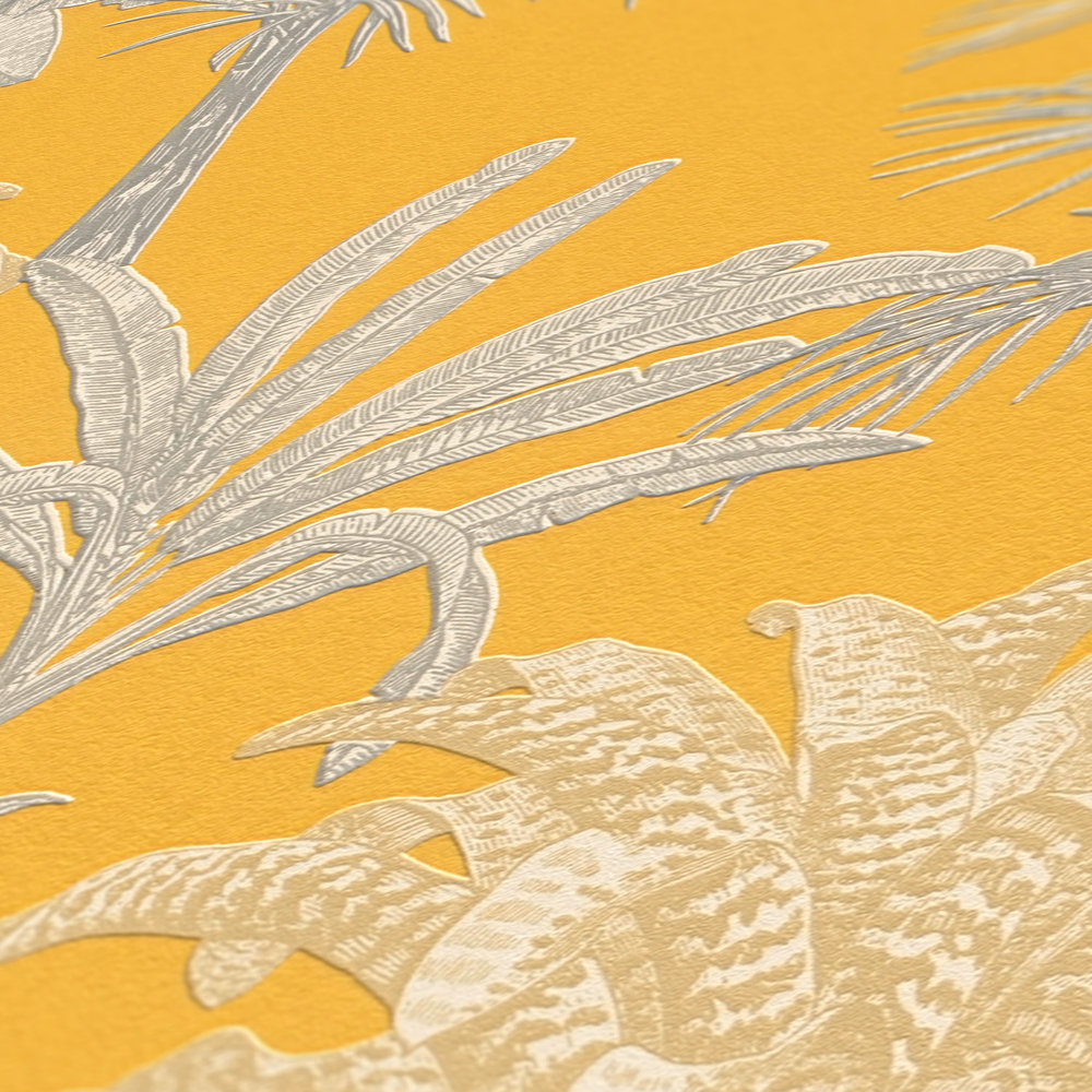             Palm behang mosterdgeel met structuurpatroon - geel, grijs
        