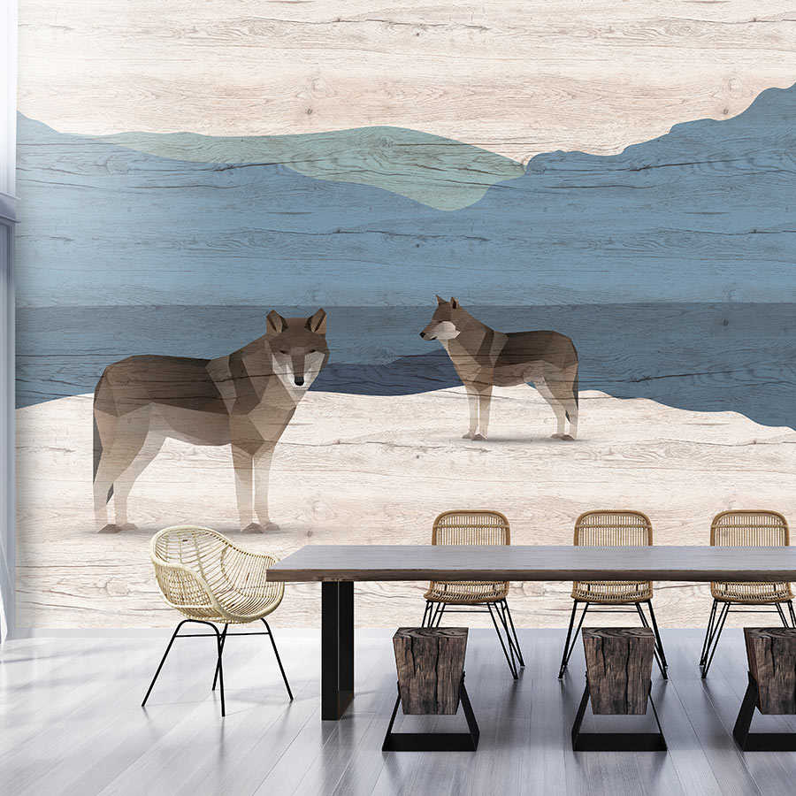        Yukon 1 - mountains & dogs mural with wood texture
    