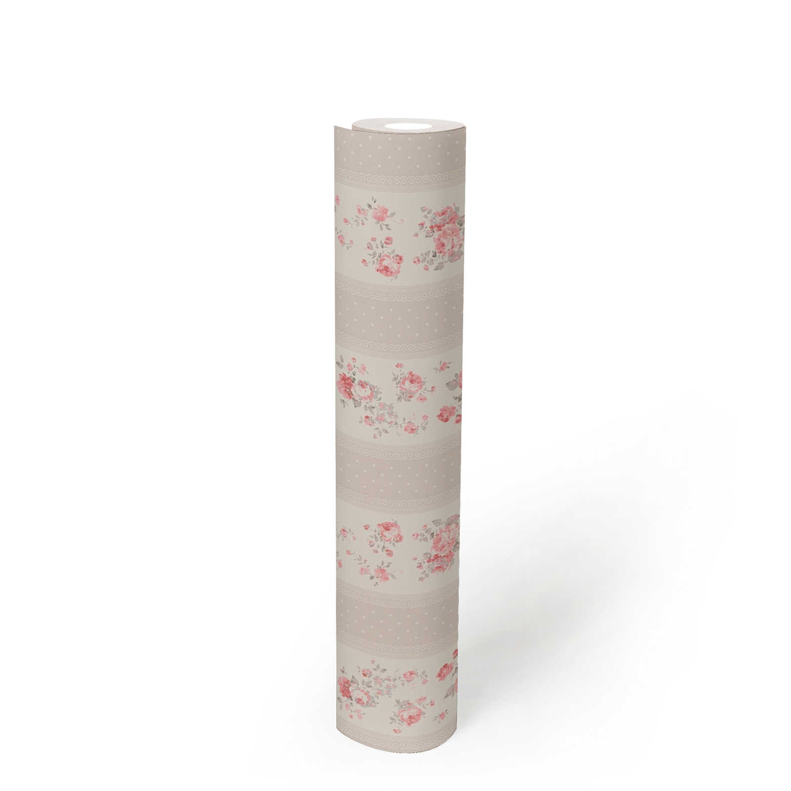             Shabby Chic style wallpaper with floral and dotted stripes - greige, white, red
        