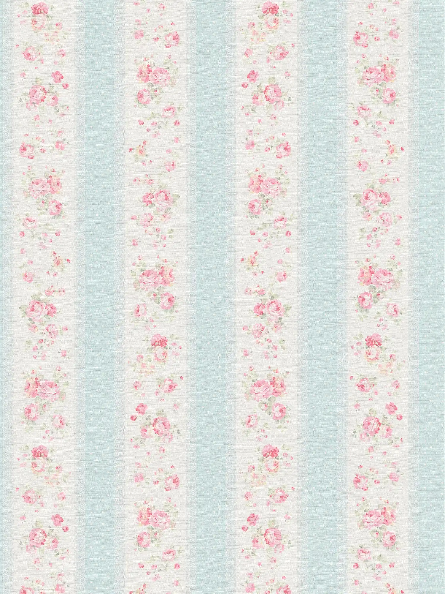 Vliesbehang met strepen, bloemen en stippen - blauw, wit, roze
