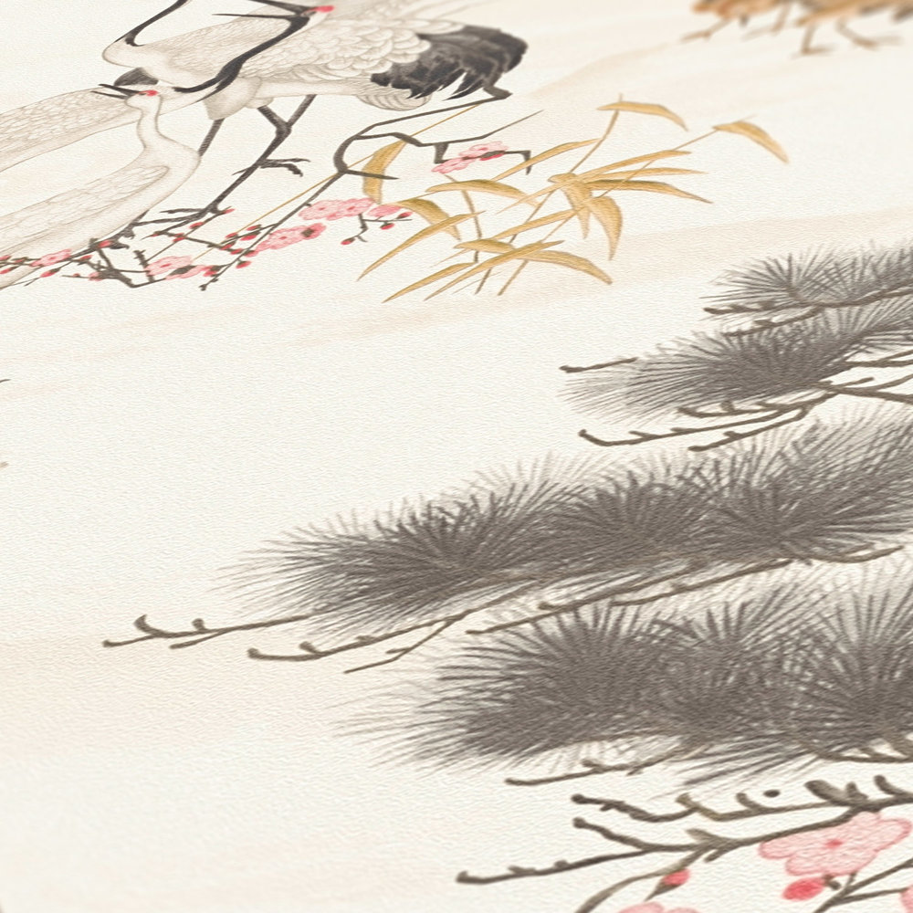             Crane wallpaper Asian style with animal pattern - cream
        